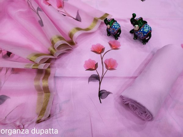 Pink Hand painted cotton suit with Organza dupatta set