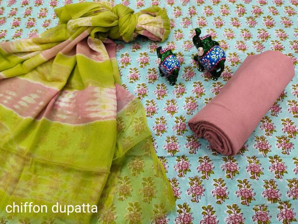 Lime and baby blue designer cotton suits with chiffon dupatta