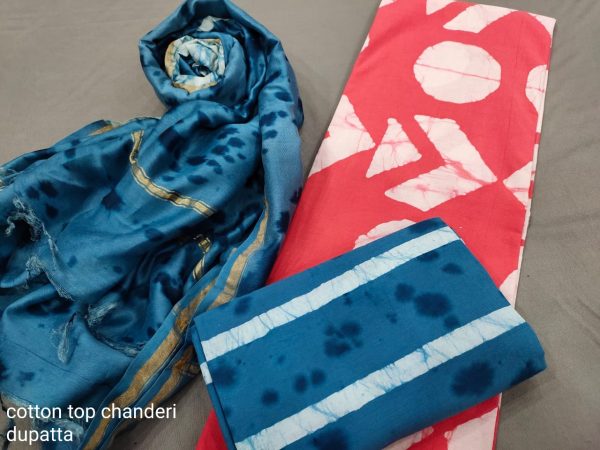 Carnation and blue Cotton salwar suit with chanderi dupatta