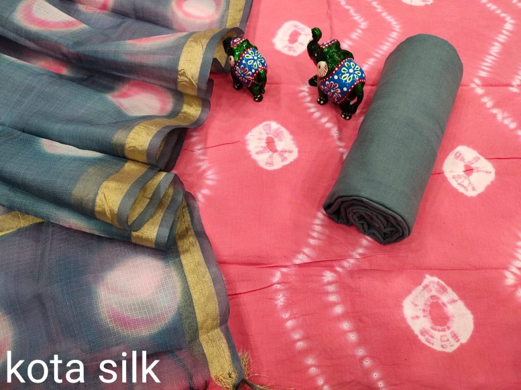 Carnation and gray cotton suit with kota dupatta set