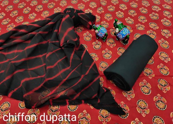 Crimson and black cotton suit material with chiffon dupatta