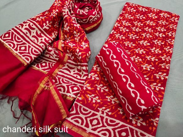 Red crimson chanderi cotton suit with dupatta online