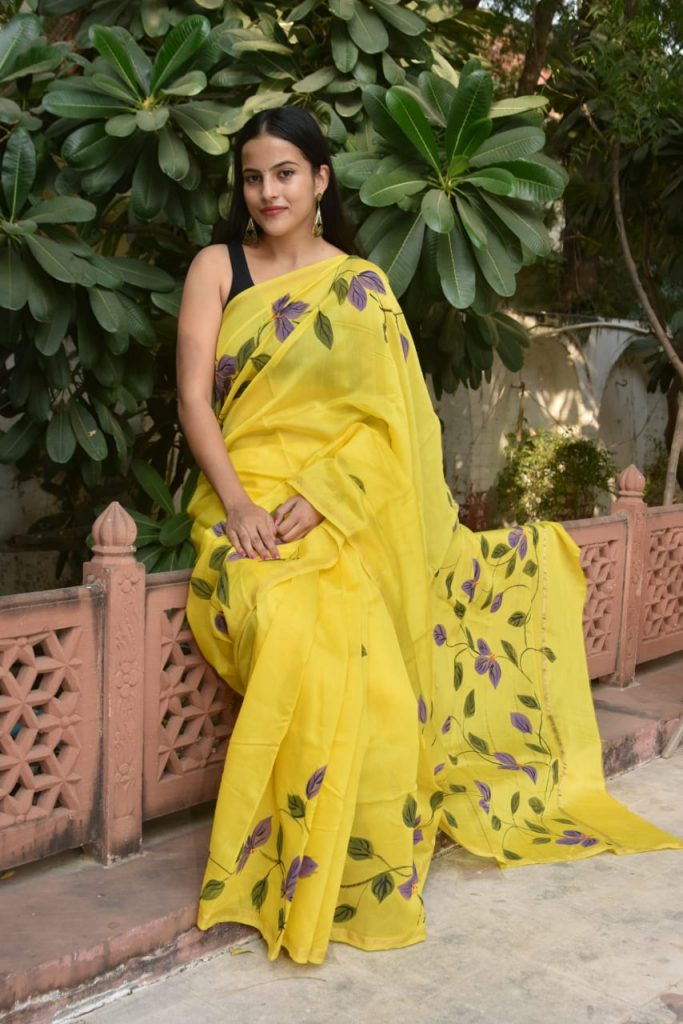Yellow floral print printed chanderi silk saree