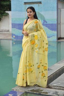 Yellow floral print printed silk saree handloom