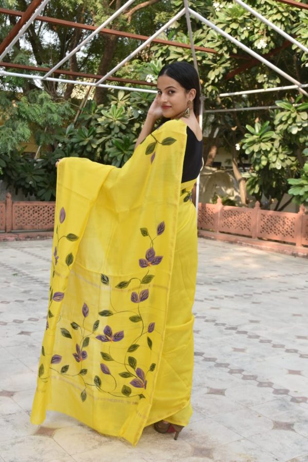 Yellow floral print printed chanderi silk saree