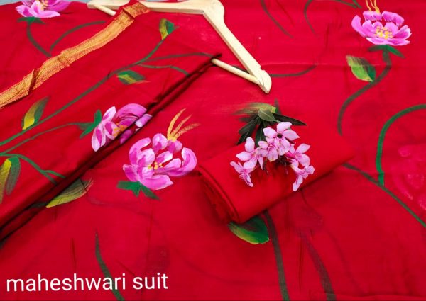 American Rose Hand painted maheshwari silk suit set with cotton pajama