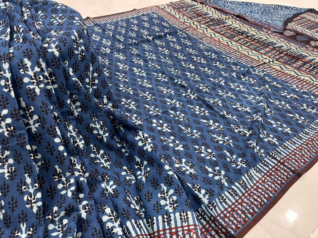 perisan blue cotton saree with blouse