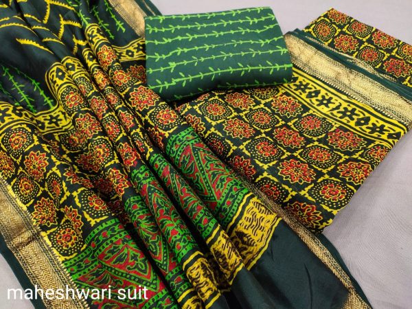 Green maheshwari silk suit set with dupatta