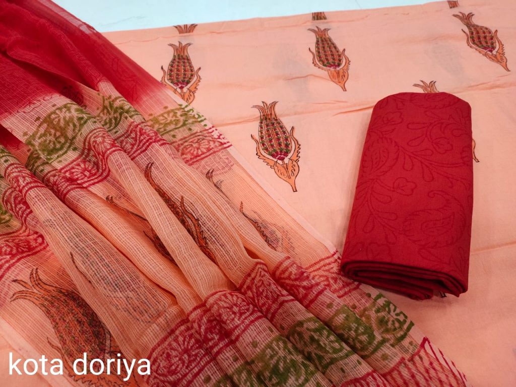 Salmon and crimson cotton salwar suit with kota dupatta