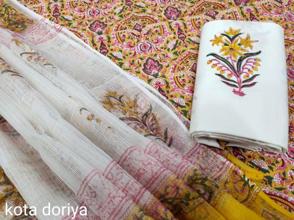 white and yellow floral print  cotton suit with kota doria dupatta