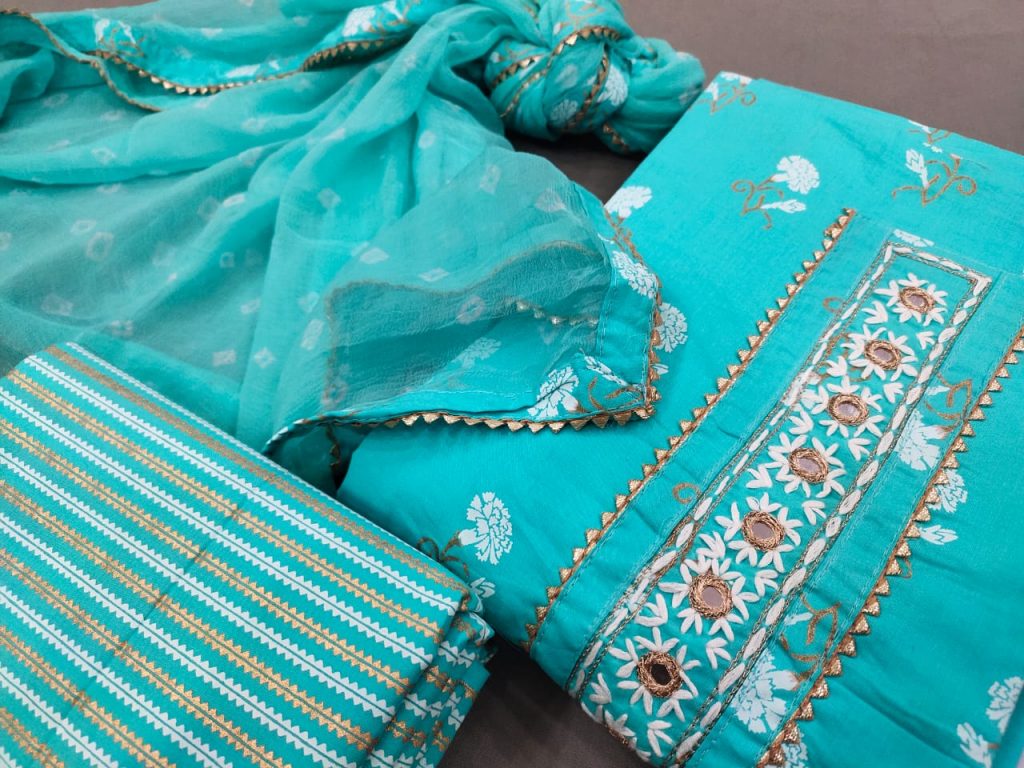 Turquoise blue gota work cotton suit with hand embroidery