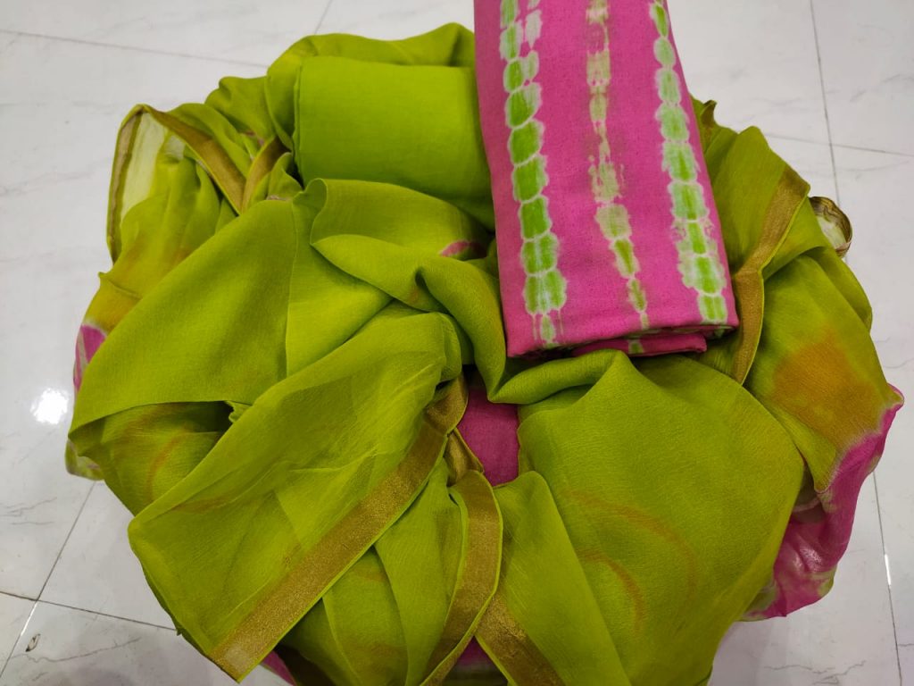 Shibori zari border cotton pink green suit