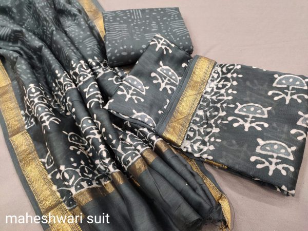 Slate gray maheshwari silk suit ethnic wear ladies suit