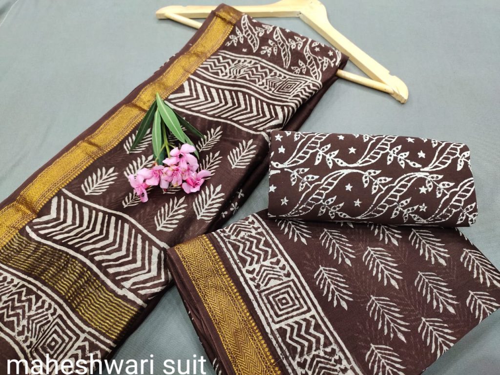 Dark Burgundy maheshwari silk suit set with pure maheshwari silk dupatta