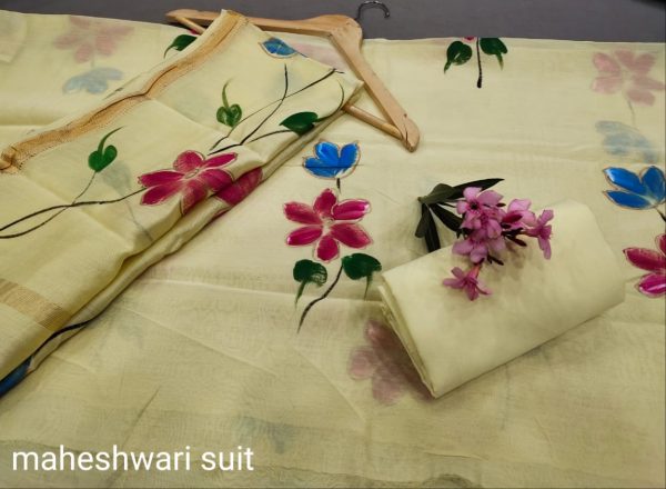 Yellow Mist Hand painted maheshwari silk suit set with dupatta online