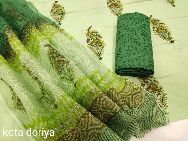 light lima and green  cotton suit with kota dupatta