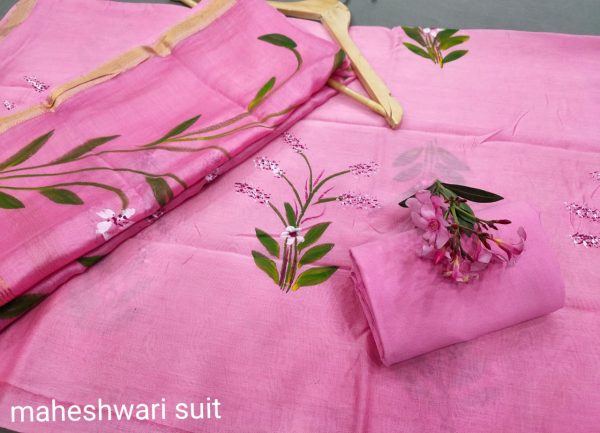 Pink maheshwari silk suit set with cotton pajama
