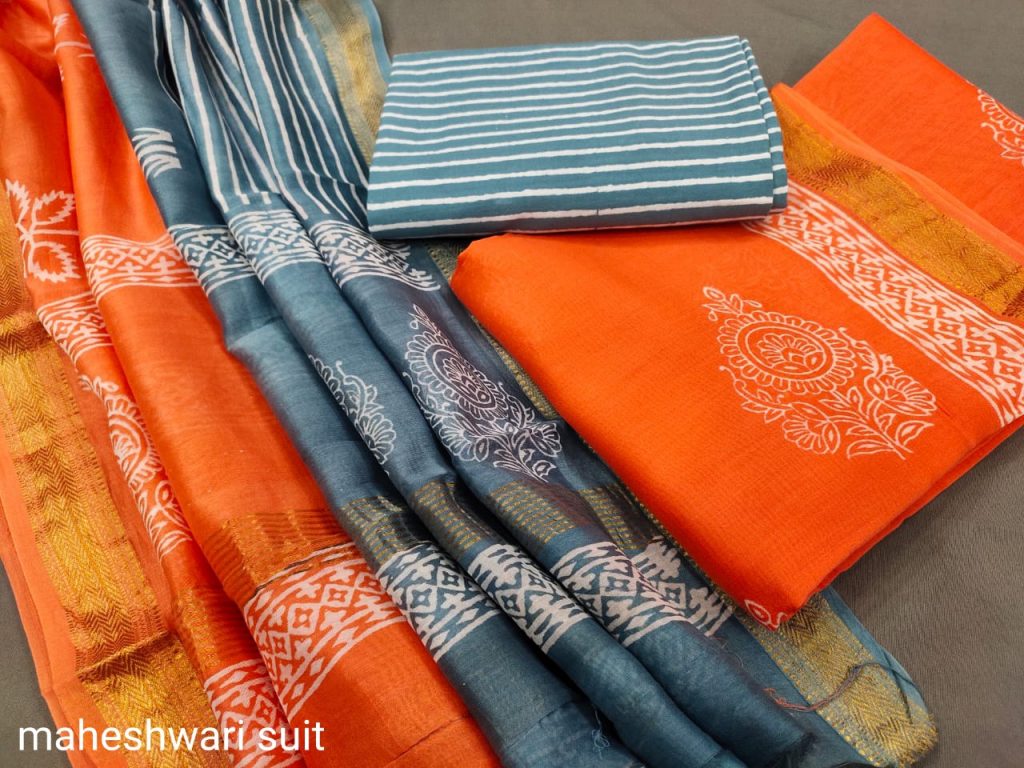 Orange maheshwari silk suit set with pure maheshwari silk dupatta