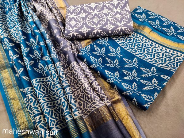 Spanish Cobalt Blue maheshwari silk suit set with pure maheshwari silk dupatta