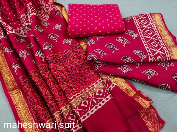 Raspberry maheshwari silk suit set with pure maheshwari silk dupatta