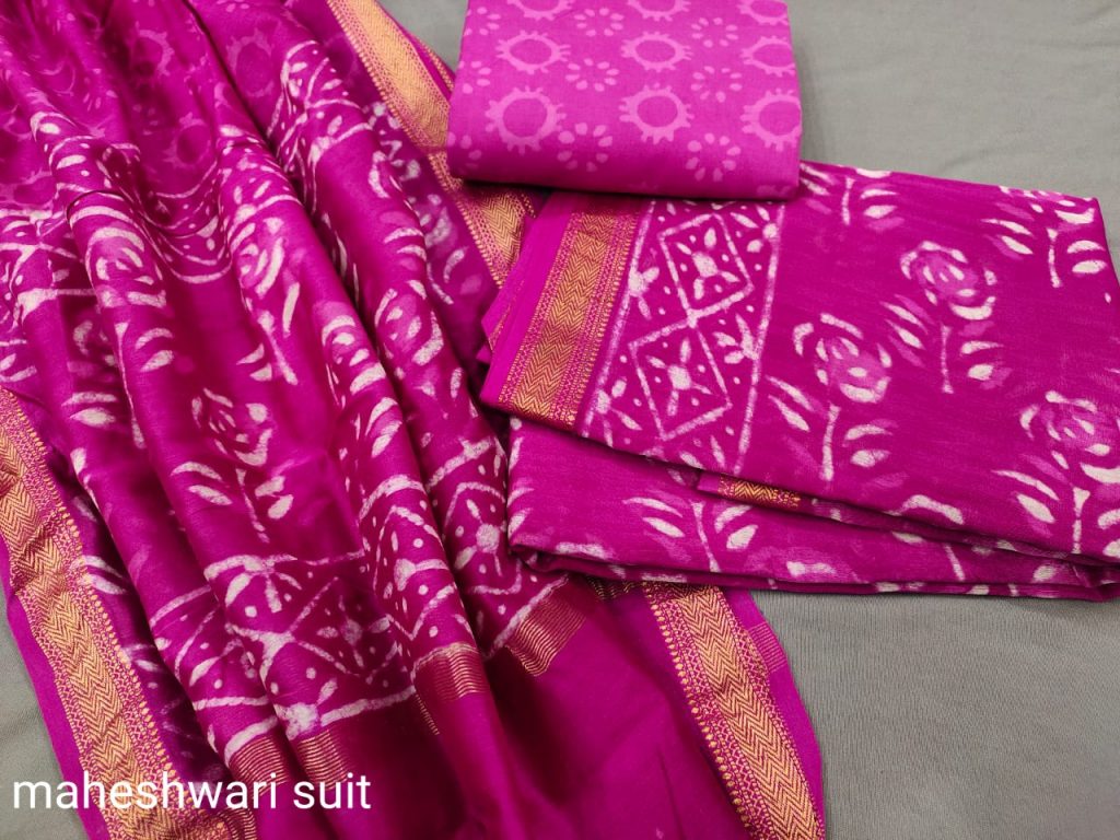 Ruby maheshwari silk suit set with pure maheshwari silk dupatta