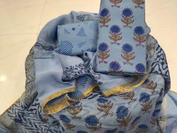 Exclusive baby blue floral print Zari border suit set