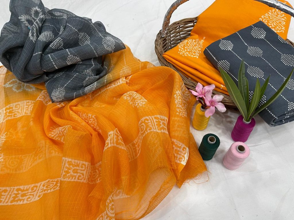 Amber and slate gray dresses for office wear cotton suit kota dupatta