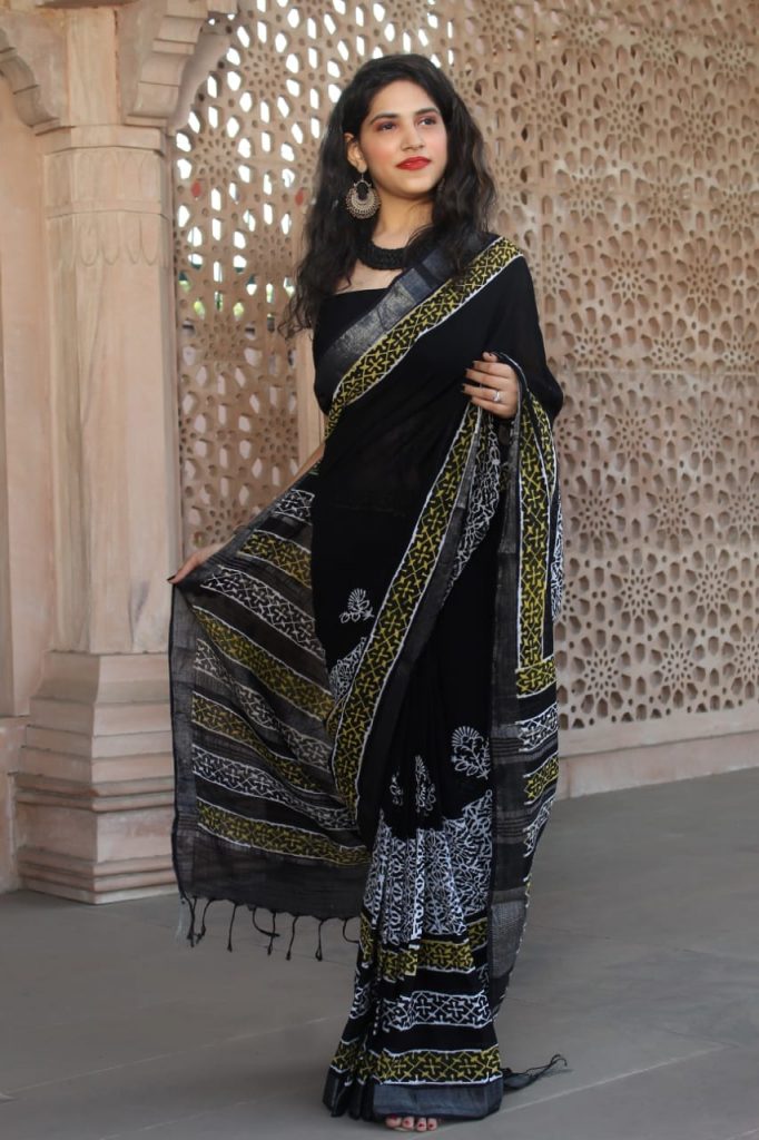 Black cotton linen saree with printed cotton blouse