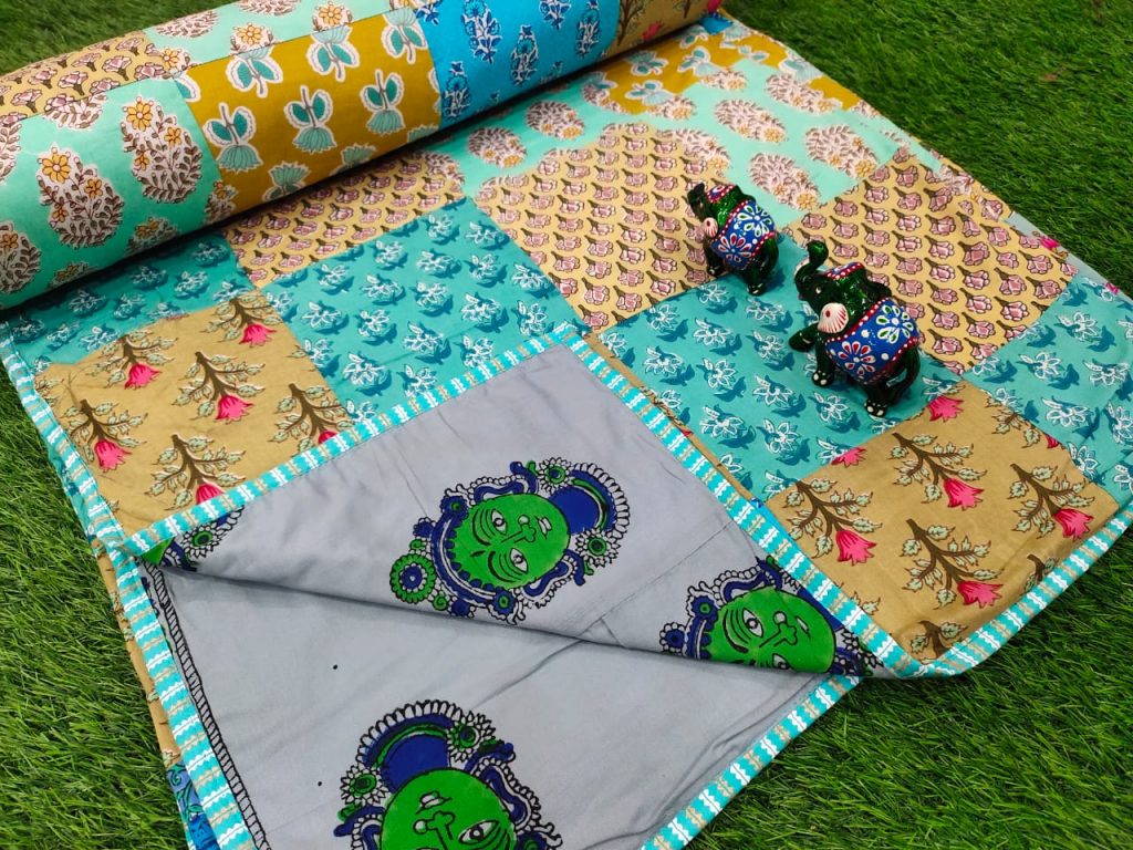 cyan pure cotton Hand stitched AC Quilt Dohar Patch work