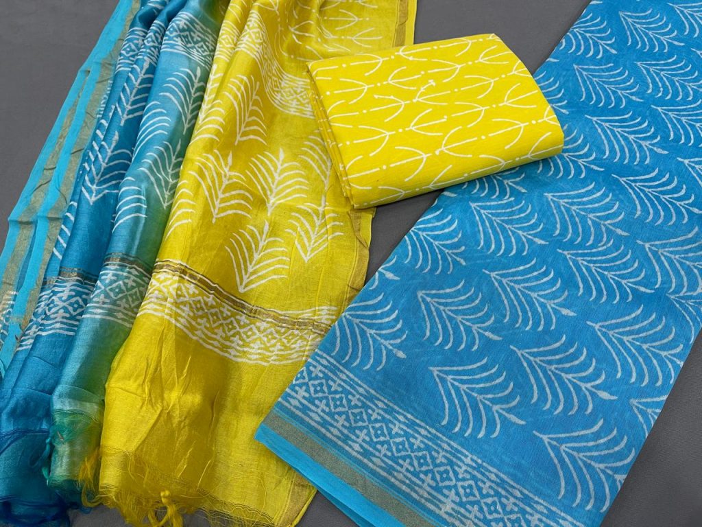 Yellow and Cyan chanderi suit piece online