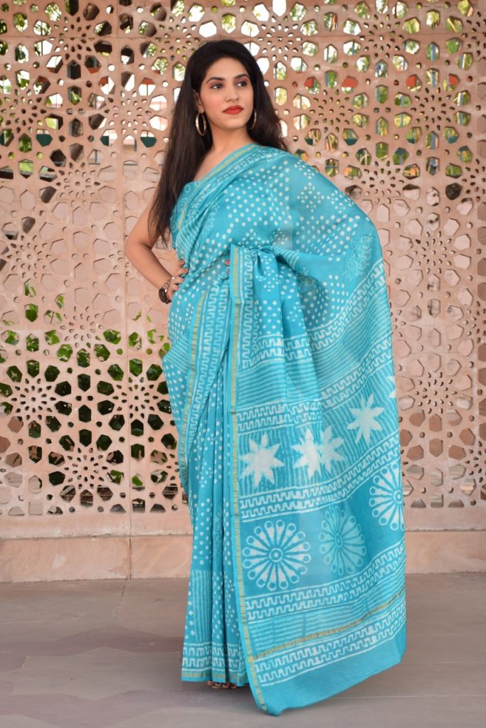 Cyan chanderi silk saree buy online