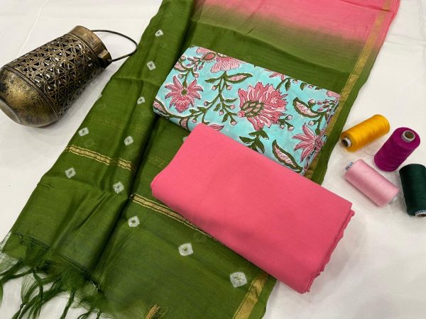 green and pink cotton suit with chanderi dupatta