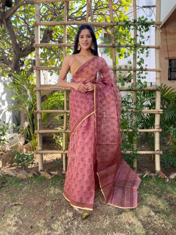 Blush organza silk fabric sarees