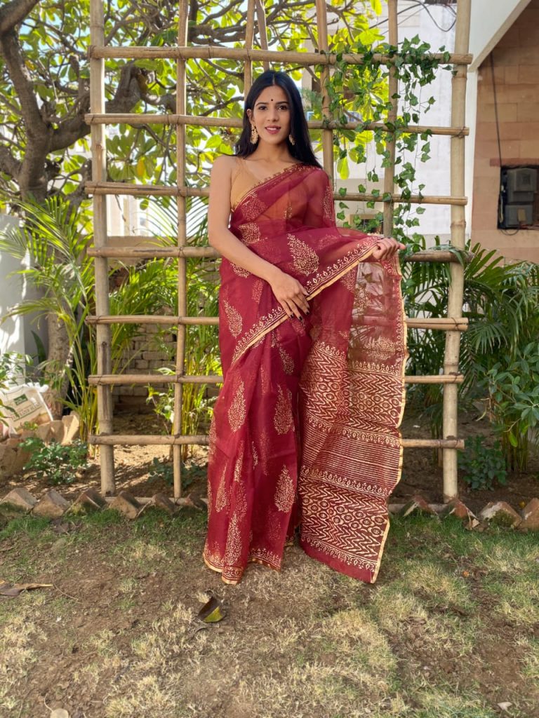 Maroon organza silk saree with price