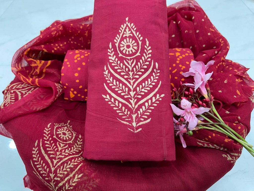 Ruby cotton salwar suit with chiffon dupatta
