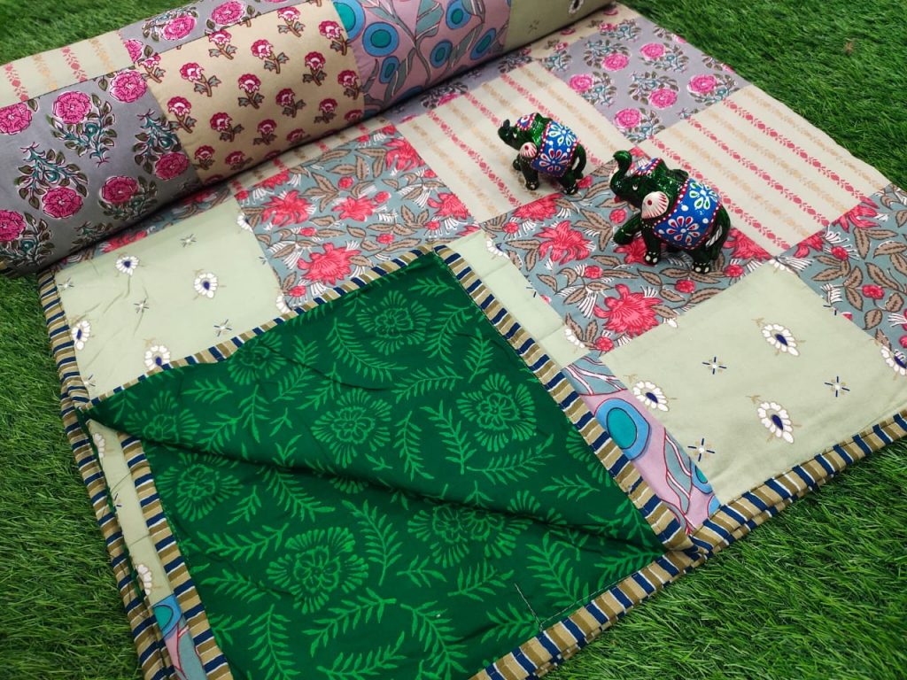 Green and silver pure cotton Hand stitched AC Quilt Dohar Patch work