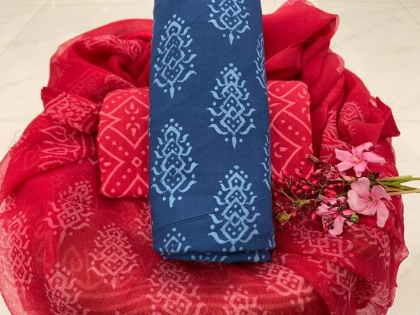 Raspberry and blue pure cotton suit with chiffon dupatta