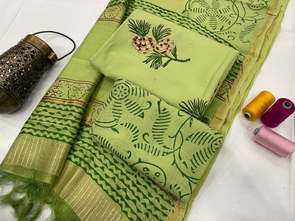 Dull Green cotton suit with chanderi dupatta