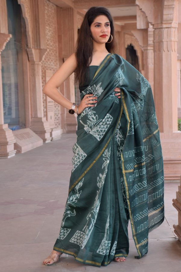 Teal party wear Chanderi silk saree with blouse