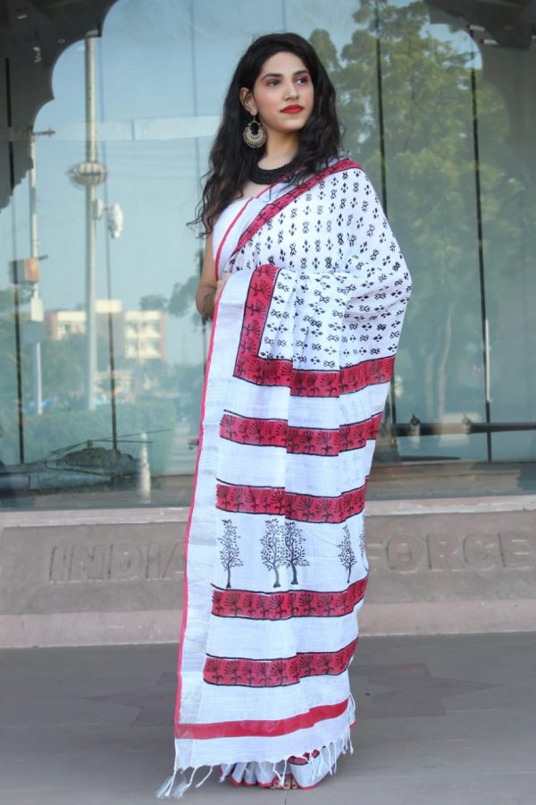 White Handloom linen saree online shopping