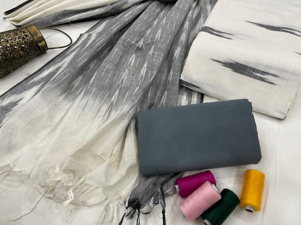 slate gray and white jaipuri ikkat suit set
