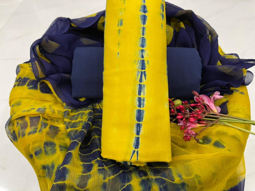 Lemon and blue cotton salwar suit with dupatta