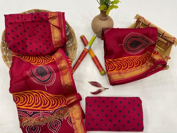 Crimson pure maheshwari silk suit set with cotton pajama