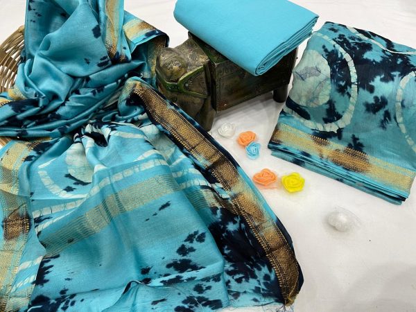 Deep Sky Blue maheshwari silk suit set with cotton pajama