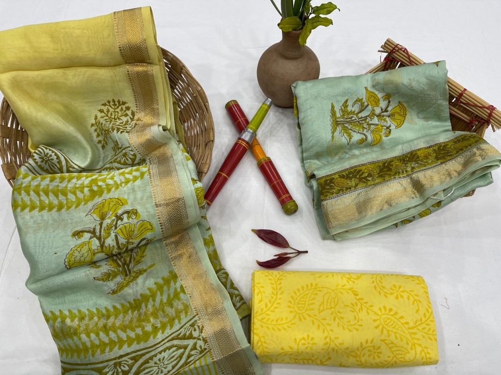 Alice Blue and yellow maheshwari silk suit set with cotton pajama