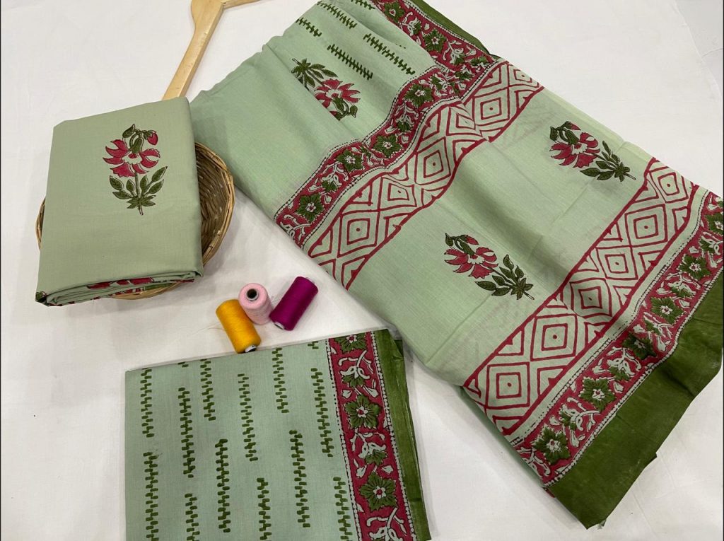 Dull green floral mugal print cotton suit with cotton dupatta