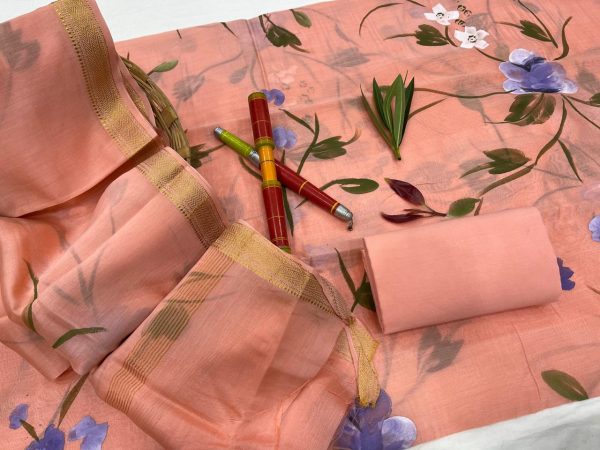 Apricot Hand painted maheshwari silk suit set with cotton pajama