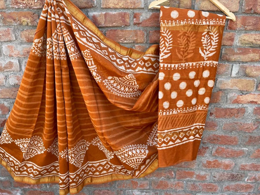 Brown Maheshwari printed saree material