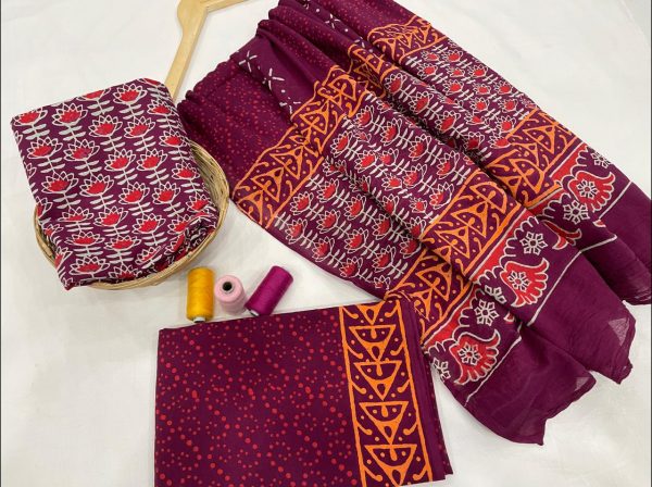 Rouge floral print cotton suit with bandhani dupatta