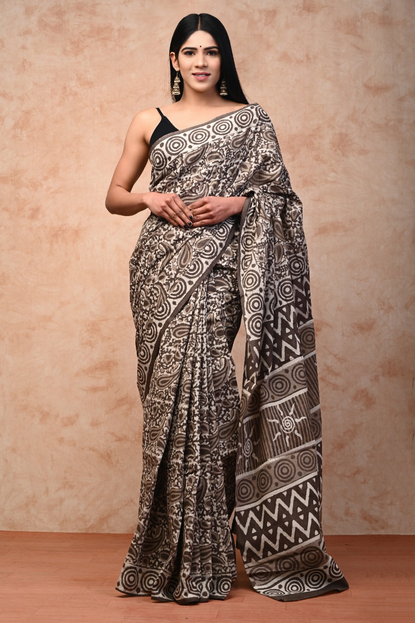 Taupe printed saree with blouse